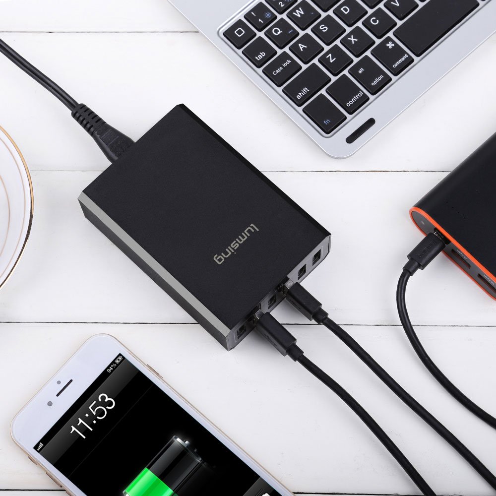 Lumsing 6 porte 60W Desktop Caricatore USB di ricarica adattatore con controllo intelligente per Samsung, iPhone, iPad, Apple, Smartphone e Tablets ecc. Nero