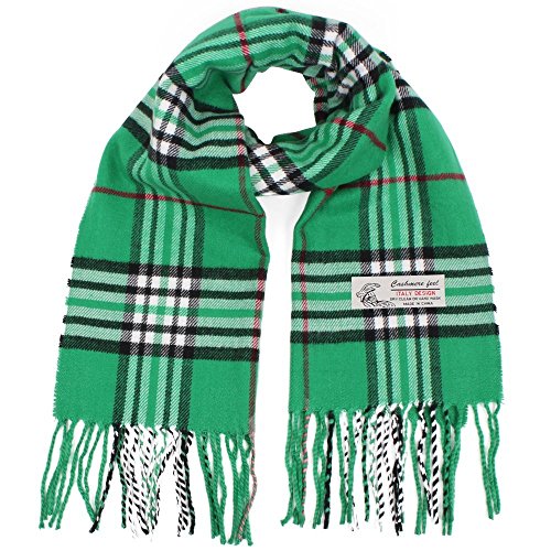 Soft Plaid Check Winter Scarf Warm Oblong 12â€x72â€ Fringe Unisex (One Size, Green)