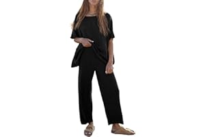 Tankaneo Women's 2 Piece Travel Outfits Casual Short Sleeve Knit Pullover Tops Wide Leg Pants Lounge Sets Tracksuit