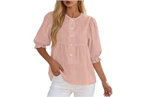 Oplxuo Women Summer Babydoll Peplum Tops Button Down Cotton Gauze Blouse Puff Half Sleeve Crewneck Ruffle Casual Cute Shirts