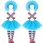 Women Tulle Tutu Costume Accessories Set Striped Thigh High Socks Adult Tutu Skirt Blue Headband