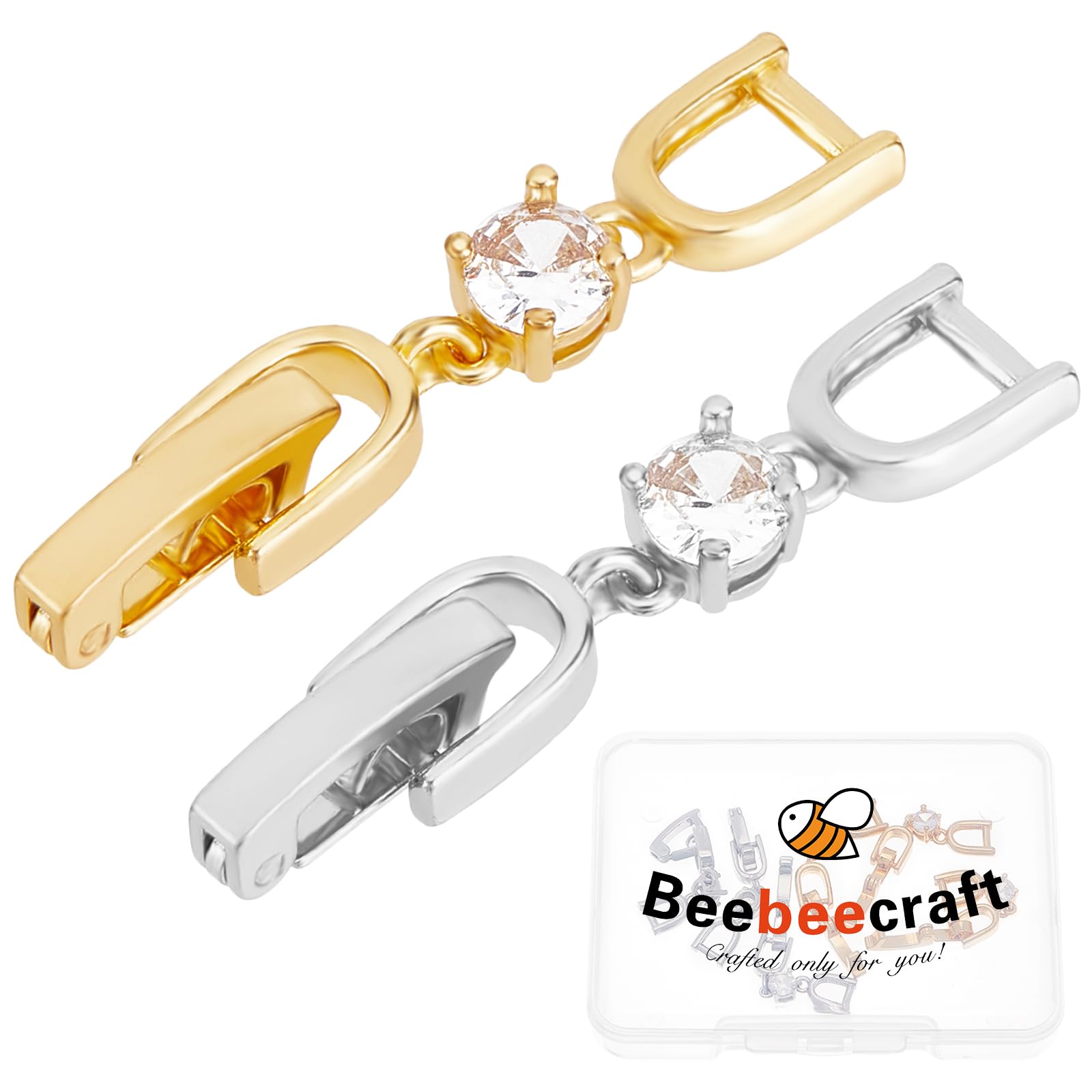 Beebeecraft 6Pcs 2 Colors Fold Over Clasp Cubic Zirconia Necklace Bracelet Extenders Silver & Golden Foldover Extension Clasp Set for DIY Jewelry Extender (28x6mm)