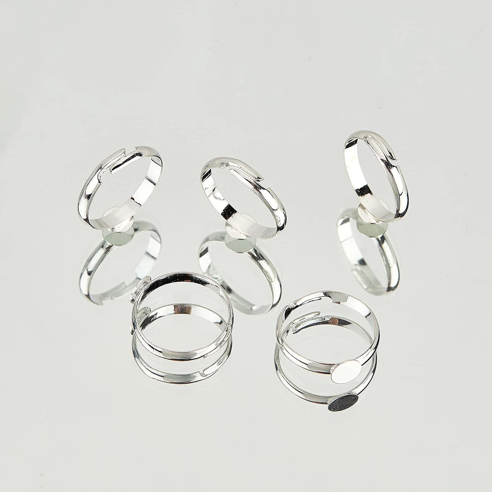 PH PandaHall 40pcs Adjustable Blank Rings, Silver Rings Brass Finger Ring Settings Components Base with 6mm Round Pad for DIY Jewelry Making Birthday Women