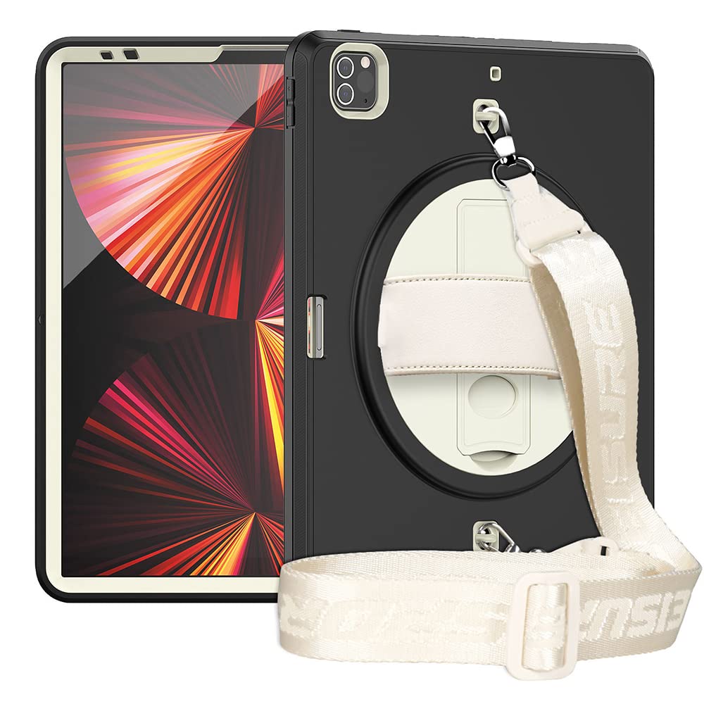 iPad Pro 12.9 Inch Case (2021/2020/2018) with Shoulder Strap, Heavy Duty Case for iPad 5/4/3rd Gen with 360 Degree Rotating Stand, Black+White