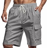 TAFLE Mens Linen Shorts Casual Summer Beach Shorts Elastic Waist Drawstring Cargo Pants with Multiple Pockets