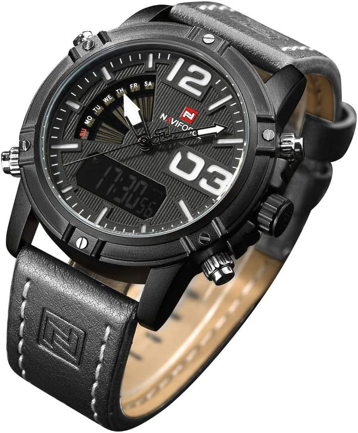 Mens Digital Watch Waterproof Sports Wrist Watch Leather Band Multi-Function Display Backlight Watches (9095black)