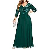 Talisea Womens Plus Size Formal Dresses - V Neck 3/4 Sleeve Sequin Prom Evening Gowns Long Maxi Dress