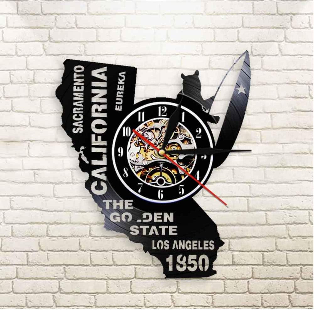 Huanxidp Eureka The Golden State California State Home Wall Clock Sacramento Los Angeles Vinyl Record Wall Clock USA Travel Souvenir Gift with LED