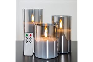 Eywamage Smoke Grey Glass Flameless Candles with Remote, Flickering Battery Operated LED Pillar Candles Set of 3