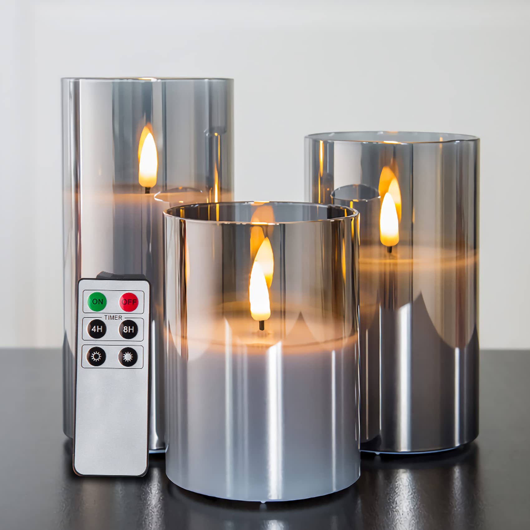 Eywamage Smoke Grey Glass Flameless Candles with Remote, Flickering Battery Operated LED Pillar Candles Set of 3 Image Eywamage Smoke Grey Glass Flameless Candles with Remote, Flickering Battery Operated LED Pillar Candles Set of 3 Image