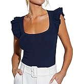 BONITEE Women Summer Ruffle Tops Sexy Square Neck Short Sleeve Shirts Trendy Casual Ribbed Slim Fitted Knit Tees Blouse