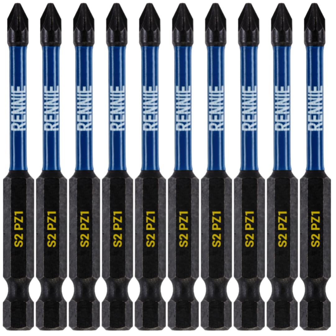 10 x Rennie Tools 75mm Long PZ1 Impact Screwdriver Driver Bits Set. Heavy Duty PoziDriv POZI No.1 Magnetic Screwdriver Bit Set. PZ1 Impact Driver Bits Pozidrive Screw Accessories.