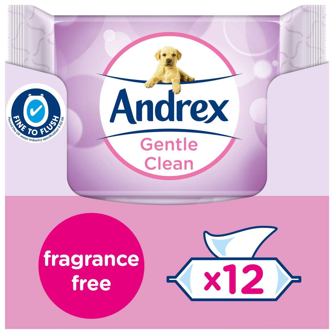 Andrex Gentle Fragrance Free Flushable Toilet Wipes certified 'Fine to Flush' Plastic Biodegradeable 12 Moist Toilet Tissue Packs, Pink, Unscented, 480 count