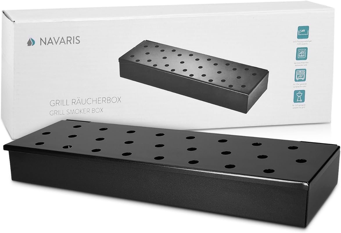 Navaris Smoker Box - Heavy Duty Metal Smoker Box for BBQ Grill Wood Chips - Meat Fish Smoking for Gas or Charcoal Barbecue Grill - 14 x 4 x 2 Inches: Garden & Outdoor