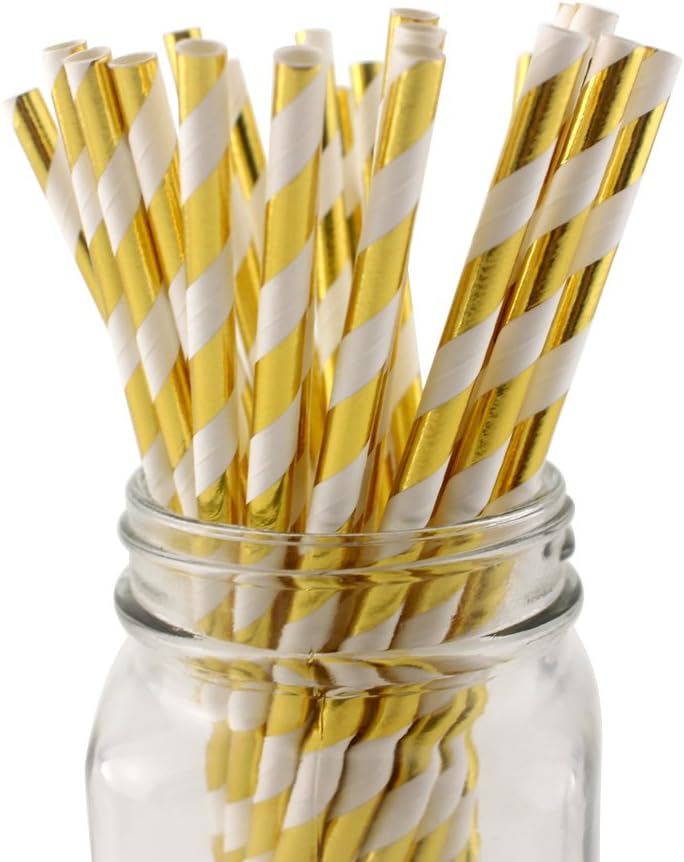Ipalmay 100 PCS Metallic Gold Striped Paper Drinking Straws, Vintage Paper Straws for Baby Shower, Weeding and Parties