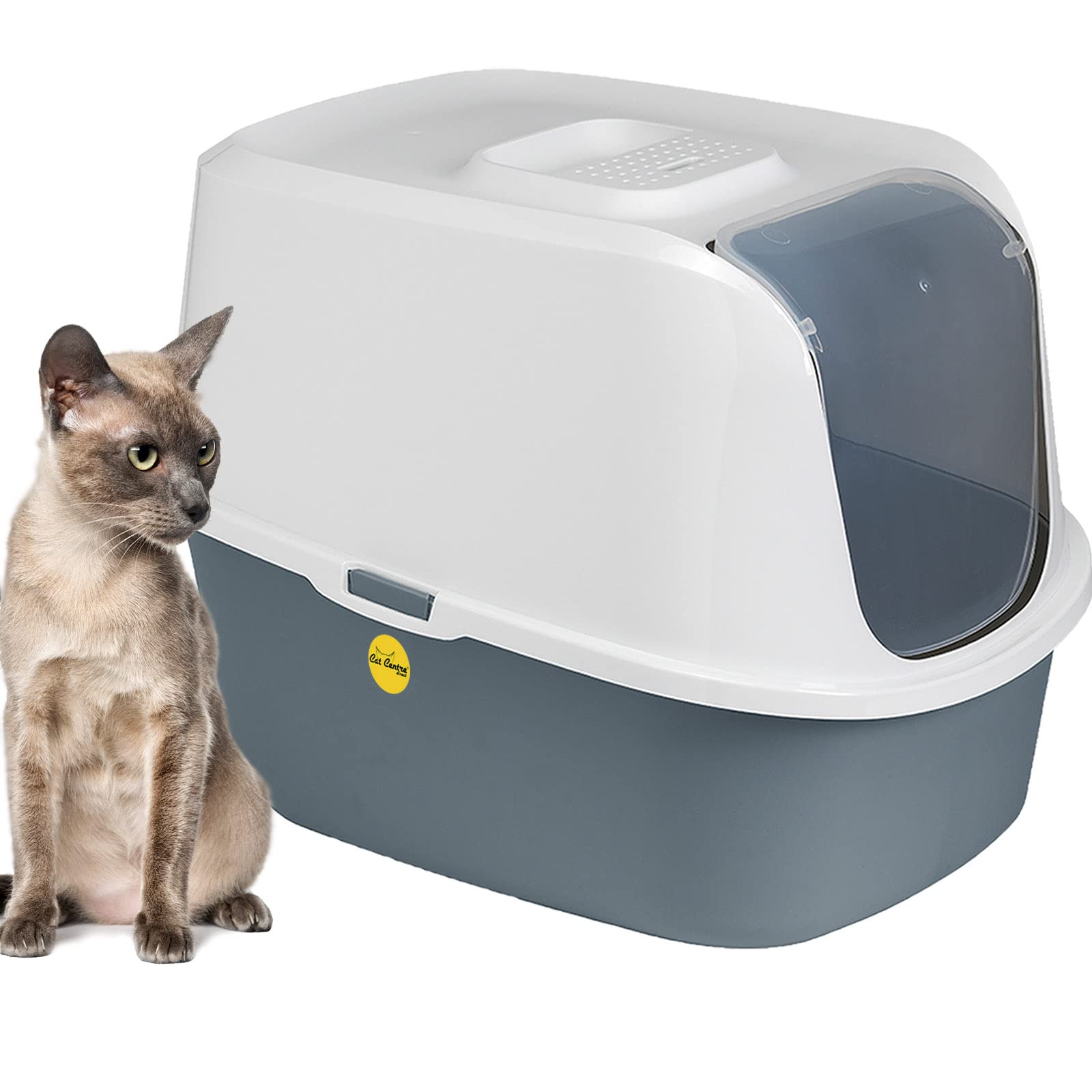 CAT CENTRE Litter Tray Hooded Dark Grey Toilet Charcoal Filter Extra Deep Anti-Spillage Kittens Cats Enclosed Box Pan Loo Filter Flap Door Detachable Rim Rounded Corners Safe Durable