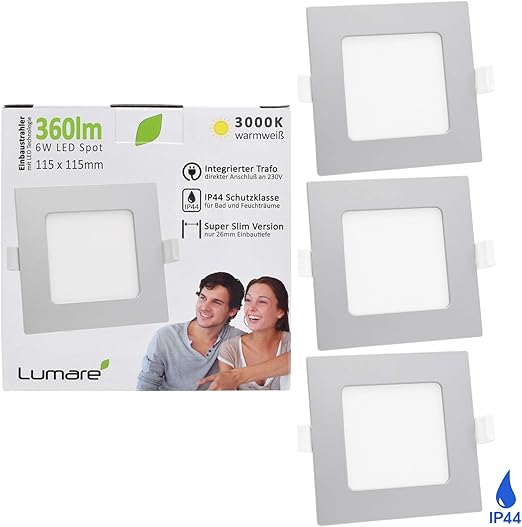 Lumare Led Einbaustrahler 6w 230v Ip44 Ultra Flach 3er Set Wohnzimmer Badezimmer Einbauleuchten Silber Quadratisch 26mm Einbautiefe Mini Slim Decken Spot Warmweiss Amazon De Beleuchtung