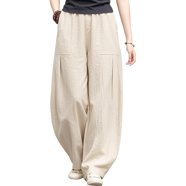 IXIMO Women's Cotton Linen Pants Casual Baggy Elastic Waist Relax