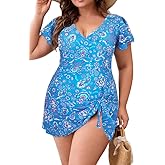 Eagerbuy Women's Plus Size Swim Dress One Piece Swimsuit Tummy Control Swimsuit Modest Ruffle V Neck Swimwear