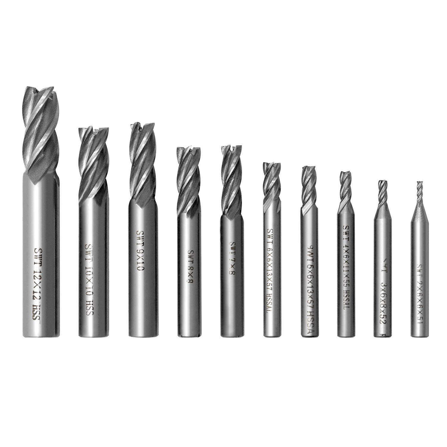 QWORK High Speed Steel HSS 4 Flute Straight Shank Square Nose End Mill Cutter 10 Pack 3/32", 1/8", 5/32", 3/16", 1/4", 9/32", 5/16", 3/8", 13/32", 1/2"