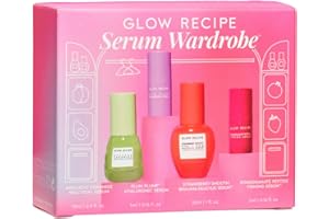 Glow Recipe Serum Skin Care Set - Avocado Ceramide Serum + Strawberry Smooth AHA BHA Serum + Plum Plump Hyaluronic Acid Serum + Pomegranate Peptide Firming Serum Set - 4 Piece Travel Skincare Gift Set