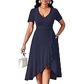 MarryUP Women's Summer Casual Dress Wrap Short Sleeve Semi-Formal Ruffle Hem Ladies Dress for Wedding Guest