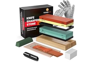 YOUNGTEC Professional Knife Sharpening Stone Kit – 400/1000 and 3000/8000 Grit Whetstone, Chef Knife Sharpener Knife Sharpener Stone-Includes Bamboo Base, Flattening Stone, Leather Strop & Angle Guide