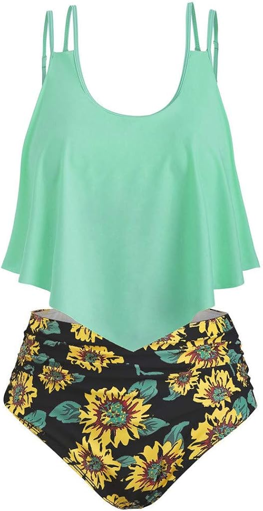 Women's Swimsuits Two Pieces Bathing Suits Flounce Ruffled Top High Waisted Sunflower Print Bottom
