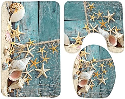WONDERTIFY Bath Mat,Beach,Seashells Starfish Sand Holidays Summer Bathroom Carpet Rug,Non-Slip 3 Piece Bathroom Mat Set