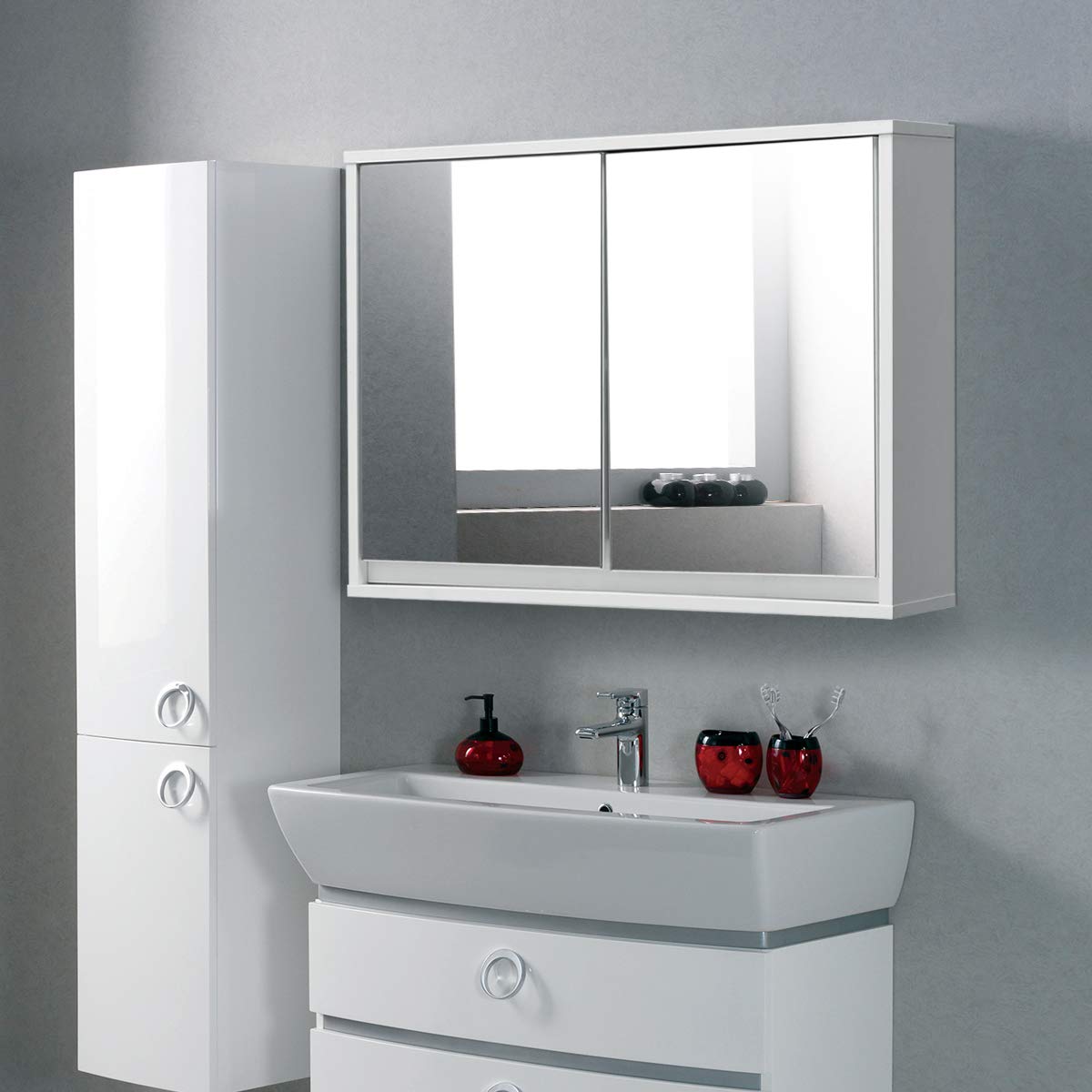 Tangkula Wide Medicine Organizer Bathroom Cabinet Double Mirror Door Wall Mount Storage White 22 Wood Shelf Lavorist