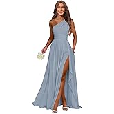 Dvdci One Shoulder Bridesmaid Dresses Chiffon Slit Empire Long Formal Dresses for Women