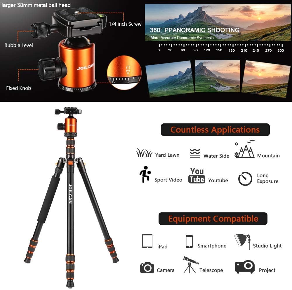 Joilcan 80-inch Tripod for Camera, Aluminum Tripod for DSLR, Monopod, Lightweight Tripod with 360 Degree Ball Head Stable for Travel and Work 18.5"-80", 19lb Load (Orange) : Camera & Photo