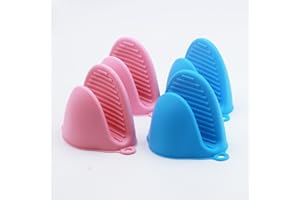 TACOMYNXIFY Mini Silicone Oven Mitts Set – Heat Resistant, Non-Slip, BPA-Free Gloves for Baking, Cooking, Microwave Use – Foldable Pot Holders for Kitchen & Grill, Dishwasher Safe (2 Pairs, Blue and Pink)