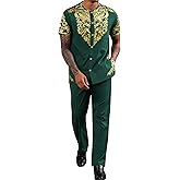 ZSJR Mens African 2 Piece Set Nigerian Dashiki Metallic Short Sleeve Suit Gold Stamp Printed Shirt and Pants Outfit