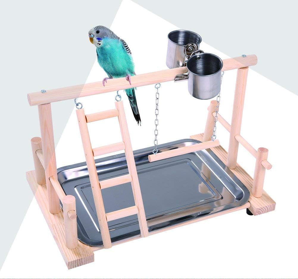 Hypeety Parrots Playstand Bird Playground Wood Perch Gym Stand Playpen Bird Ladders Exercise Playgym with Feeder Cups for Cockatoo Parakeet Cage Accessories Training Toy (Bird Playground)