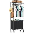 Hodonas Rolling Laundry Basket Organizer with Wheels and Hanging Bar, Laundry Hamper Cart Laundry Sorter 3 Section, Dirty Clothes Hampers for Laundry Bedroom Bathroom w/ 3 Removeable Bags, Black