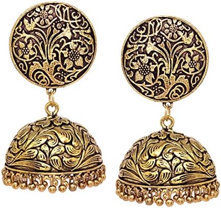 V L IMPEX Oxidized Metal with Flower Print Women Fashion Jhumka Jhumki Earrings