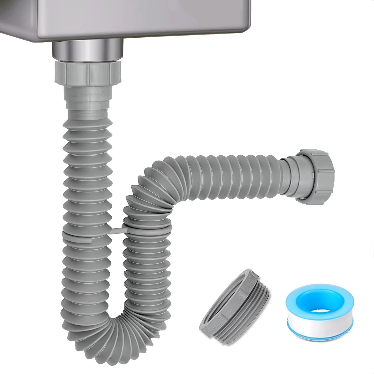 Photo 1 of Cinsda 1-1/2" & 1-1/4" P-trap with Adapter, Flexible Sink Drain Pipe, Adjustable P Trap for Bathroom Sink Drain Kit, Kitchen Garbage Disposal, Gray