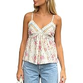 Aopwsrlyi Women Floral Babydoll Cami Top Lace Trim V Neck Spaghetti Strap Tie Back Flowy Fairy Going Out Tops