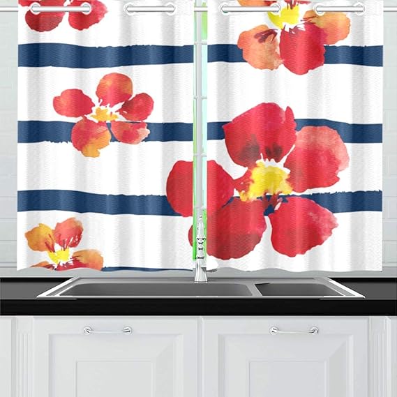 Amazon.de: N\A Gestreifte Blumen gezeichnete Kunst Küchenvorhänge