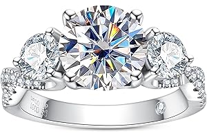 AnuClub Round Cut Moissanite 3 Stone Engagement Rings D Color VVS1 Round Cut 925 Sterling Silver Anniversary Wedding Promise Ring for Women