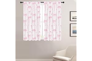 Coxila Pink Bow Window Curtains for Bedroom 42 x 63 Inch Rod Pocket Cute Girls Girly Kids White Blush Preppy Princess Kawaii Pastel Aesthetic Home Bedroom Living Room Treatment Set of 2 Panels Drapes