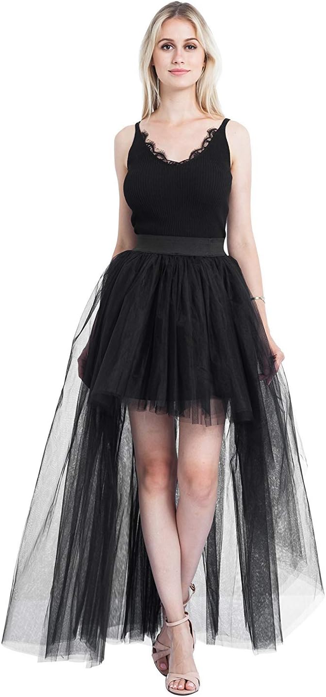 Sexy Women's Mesh 4 Layers Overlay Long Tulle Skirt Floor Length Wedding Party Tutu Skirt Party Train Overskirt (YWQBlack)