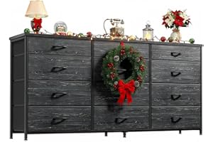 Romorgniz 55" Long Dresser for Bedroom with 12 Fabric Drawers, Entertainment Center for 60 inch TV Dressers & Chests of Drawers Large Organizer, Living Room, Metal Frame, Wood Top, Black