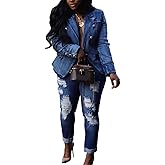 YOOTIKO Womens Jean Blazer Lapel Open Front Button Up Long Sleeve Casual Work Denim Jacket Coat
