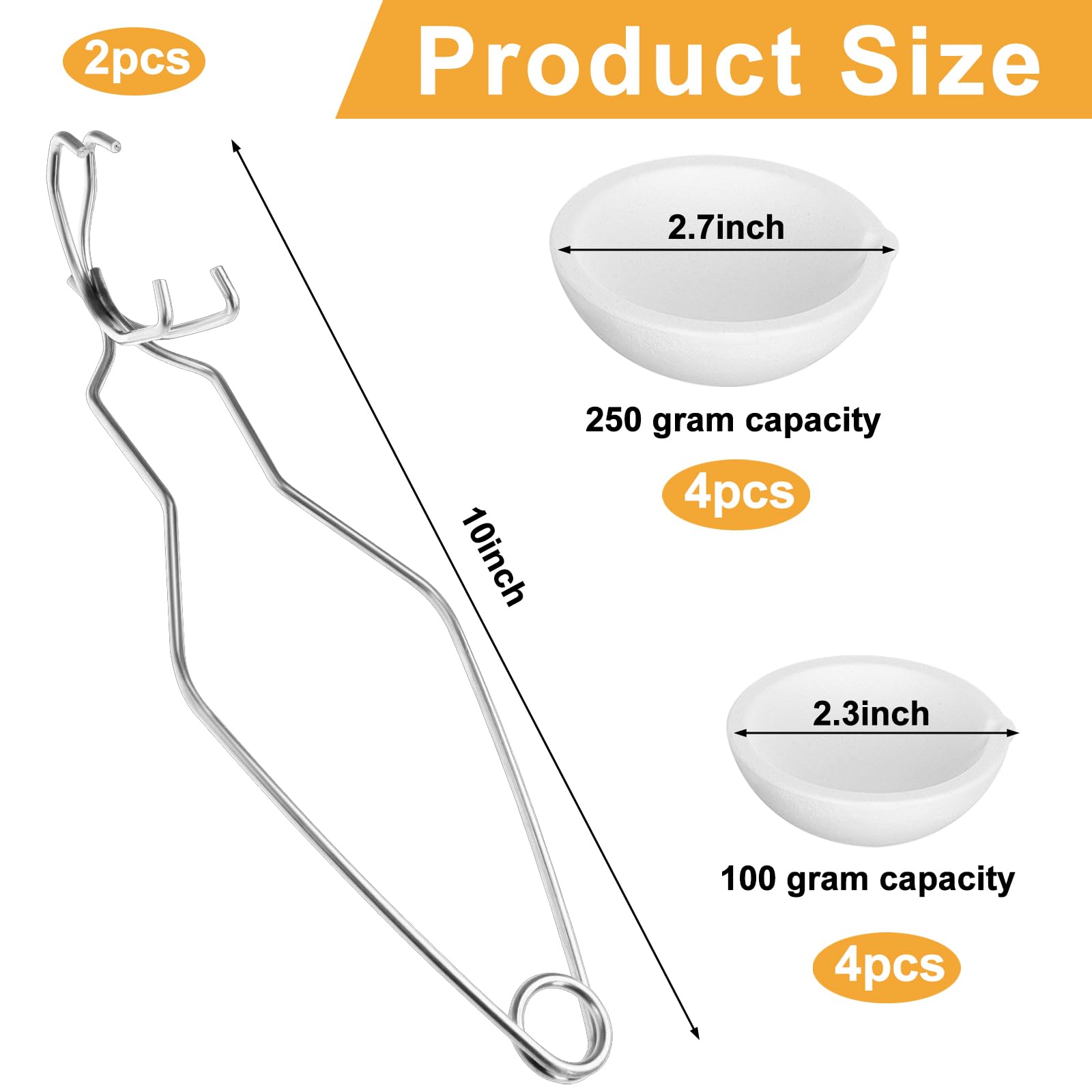 Asany 10 Pcs Small Melting Ceramic Crucible Dish Cup Set, 8 Pcs Ceramic Quartz Crucible Dish Cup, 2Pcs Gold Silver Copper Whip Tongs Handle 2A Jewelry Refining Casting Pot, white