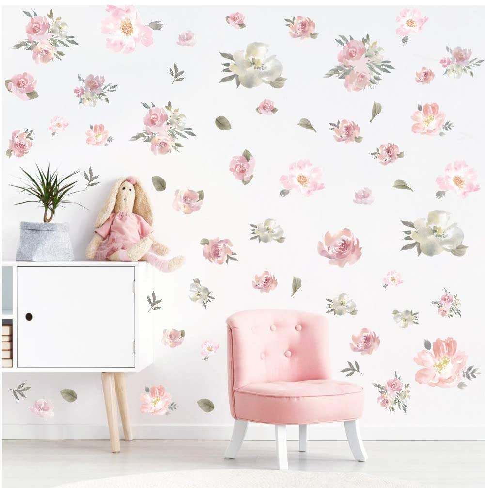 Watercolor Pink Flowers Wall Decal, Blooming Peony Floral Flowers Sticker,Roses Floral Art Decals Decor for Nursery Girls Women Bedroom Living Room Wedding Party Decoration (56pcs)