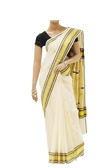Handloom Women's Kerala Kasavu Cotton Saree with Heavy Work (Cream)