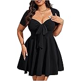 BEAUDRM Women's Plus Size Bow Tie Mini Dress Sweetheart Neck Short Sleeve Flowy Summer Vacation Dresses