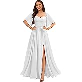 vintys Women's Flutter Sleeves Chiffon Bridesmaid Dresses Long with Slit Ruched A Line Formal Dress with Pockets VS175